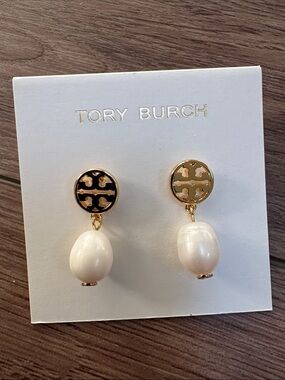 Tory Burch Gold Logo Drop Earrings with Cream Pearl Drops